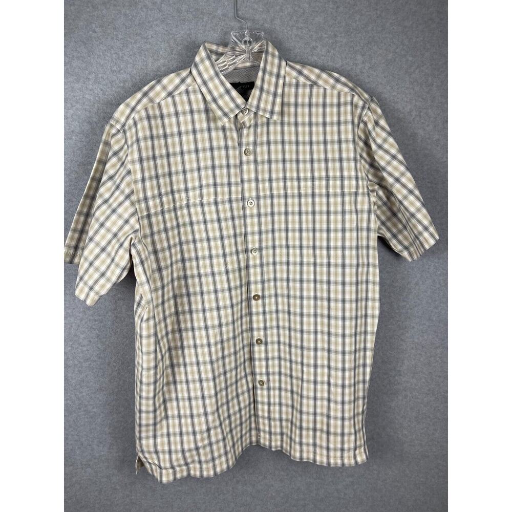 Van Heusen Performance Fishing Shirt Men's Size M‎ Brown Gray Plaid Pockets